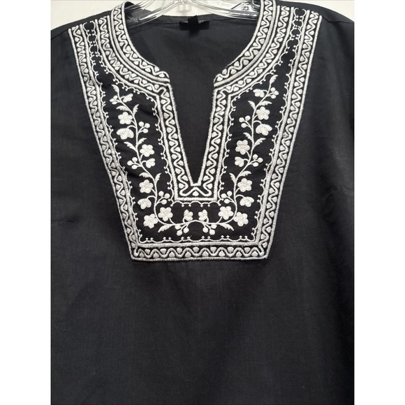 Talbots Black Size M Embroidered Linen Cotton Blend Tunic V Neck - Picture 2 of 6